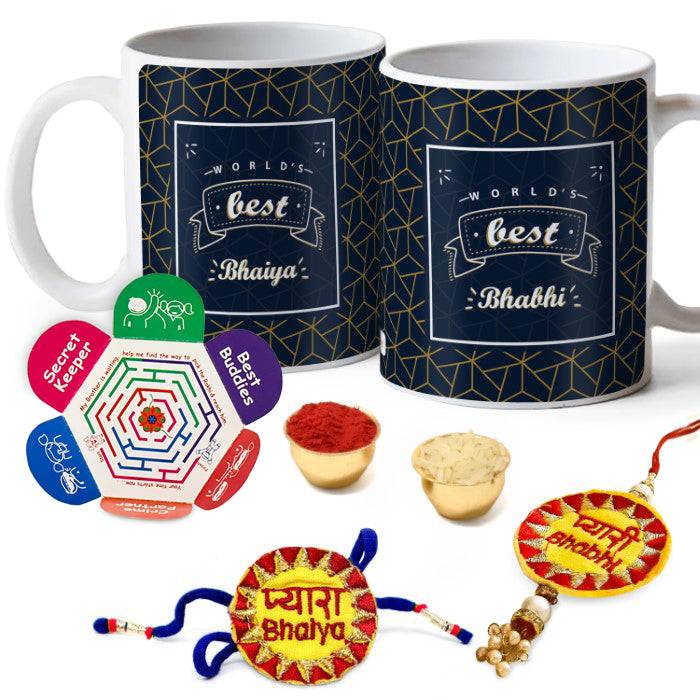 World'S Best Bhaiya & Bhabhi  Printed 2 Mugs with Bhaiya Bhabhi Embroidery Rakhi Combo