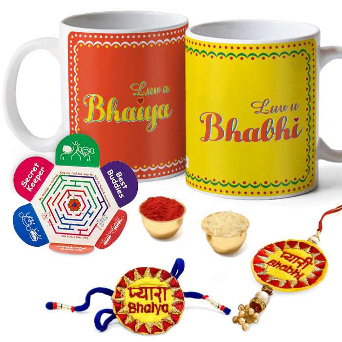 Luv U Bhaiya & Bhabhi 2 Mugs with Bhai Bhabhi Embroidery Rakhi Combo