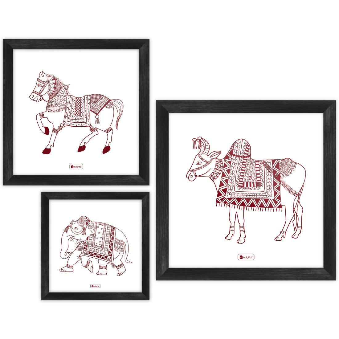 Animal Themed Ethnic Mandala Design Animal Print Set of 3 Poster Frames