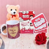 Kiss Me With No Regrets Coffee Mug, Coupon Book, Small Teddy, Rose & Greeting Card For Couples