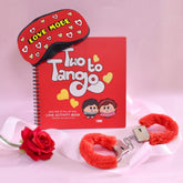 Love Mode Printed Eye Mask With Activity Book, Handcuff, Artificial Rose & Greeting Card For Special Valentine's Gift