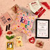 Kiss Me Printed Cushion and Love Message Card with Photo Magnet Valentine Gift Hamper