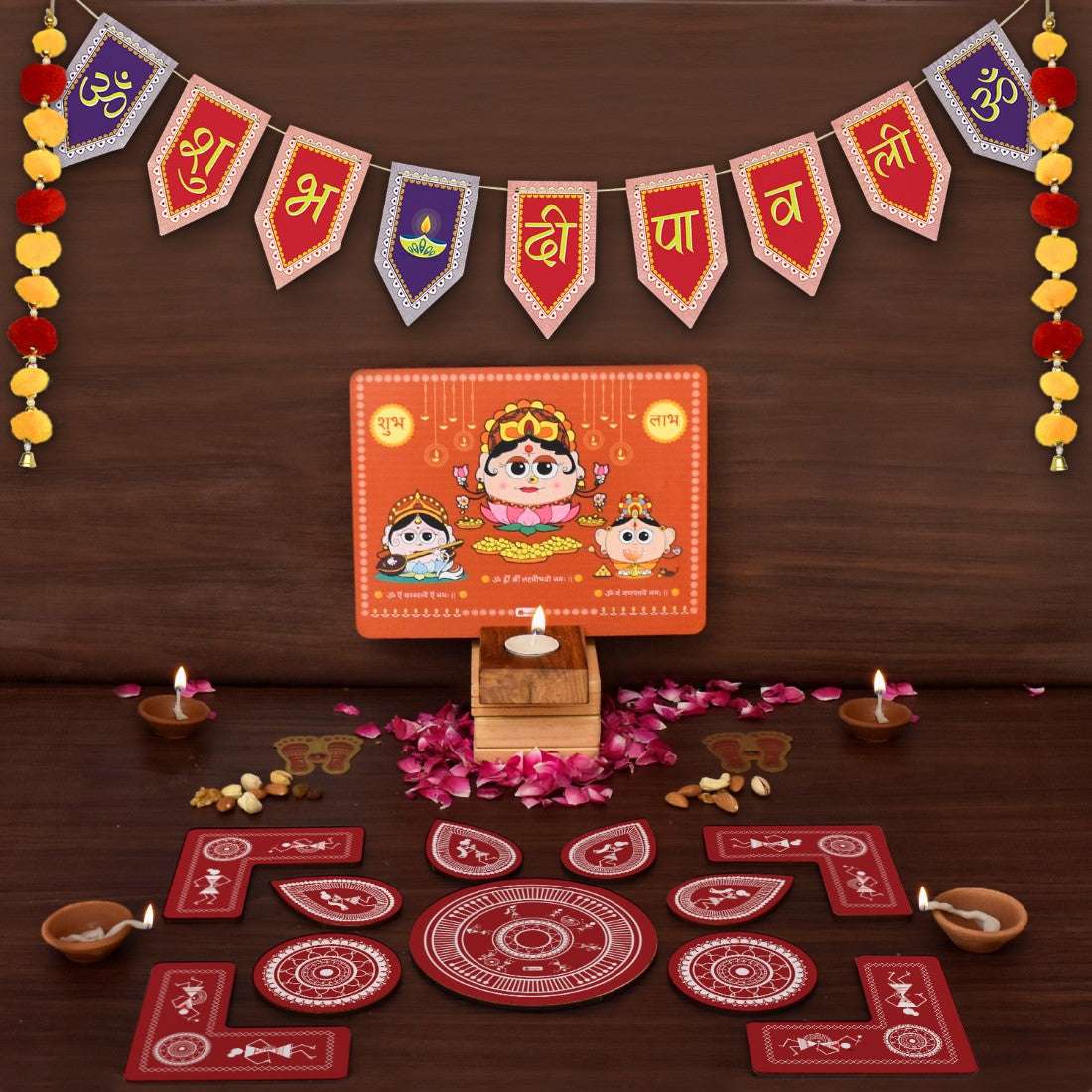Laxmi Ganesh Stand Shubh Diwali Bunting and Designer Rangoli Gifting Box
