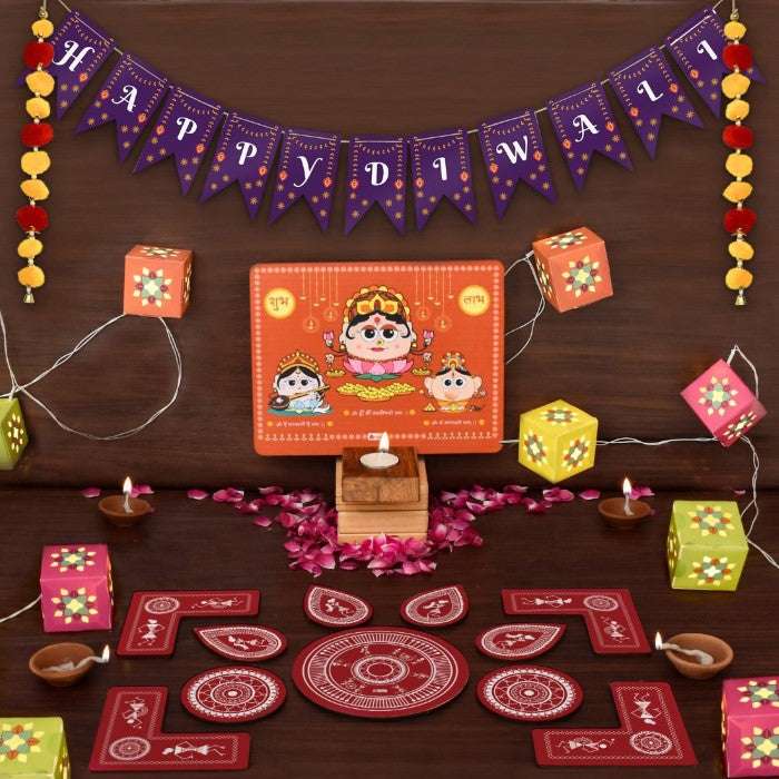 Diwali Hamper with Fairy Lights, Laxmi Ganesh Stand & Rangoli