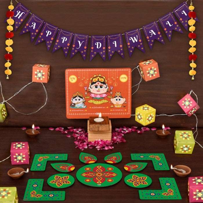 Diwali Hamper with Fairy Lights, Laxmi Ganesh Stand & Rangoli