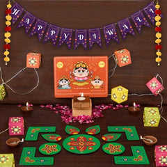 Diwali Hamper with Fairy Lights, Laxmi Ganesh Stand & Rangoli