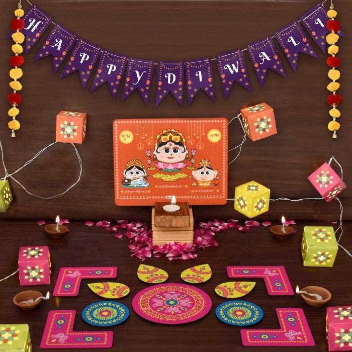 Diwali Hamper with Fairy Lights, Laxmi Ganesh Stand & Rangoli
