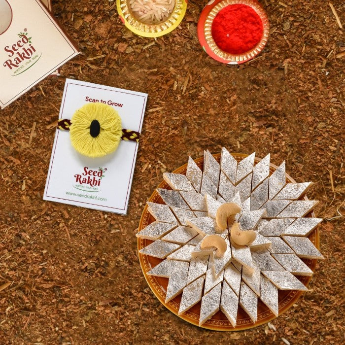 Yellow Plantable Seed Rakhi Gift Hamper With Kaju Katli Mini Bites 125 gm