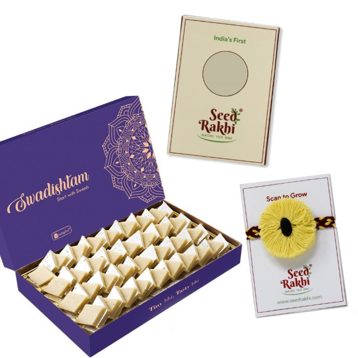 Yellow Plantable Seed Rakhi Gift Hamper With Kaju Katli Mini Bites 125 gm