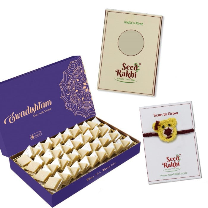 Teddy Bear with Bow Eco-friendly Seed Rakhi With Kaju Katli Mini Bites 125 gm