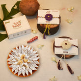 Bhindi, Amaltash & Brinjal Set of 2 Premium Seed Rakhi Hamper With Kaju Katli Mini Bites 125 gm
