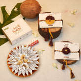 Amaltash & Brinjal, Bhindi Set of 2 Premium Seed Rakhi Hamper With Kaju Katli Mini Bites 125 gm