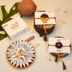 Amaltash & Brinjal, Bhindi Set of 2 Premium Seed Rakhi Hamper With Kaju Katli Mini Bites 125 gm