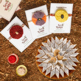 Yellow, Red and Jodhpuri Plantable Seed Rakhi Gift Hamper With Kaju Katli Mini Bites 125 gm