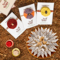 Yellow, Red and Jodhpuri Plantable Seed Rakhi Gift Hamper With Kaju Katli Mini Bites 125 gm