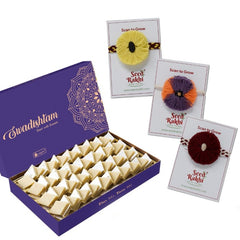 Yellow, Red and Jodhpuri Plantable Seed Rakhi Gift Hamper With Kaju Katli Mini Bites 125 gm