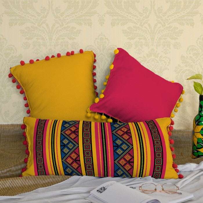Pink & Yellow Abstract Printed Decorative Cushion Cover Set with Pom-Pom