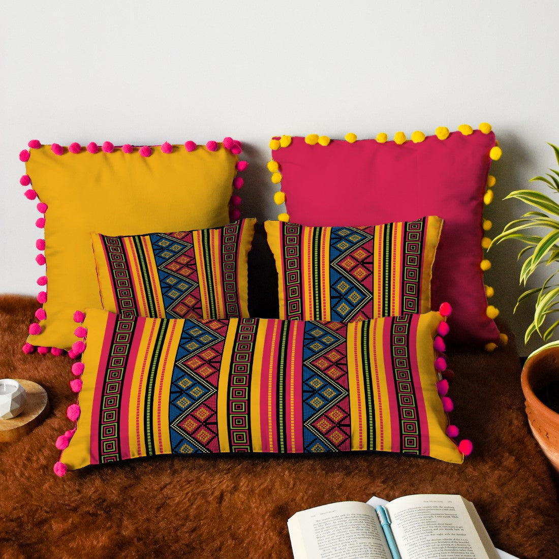 Pink & Yellow Abstract Printed Decorative Cushion Cover Set with Pom-Pom