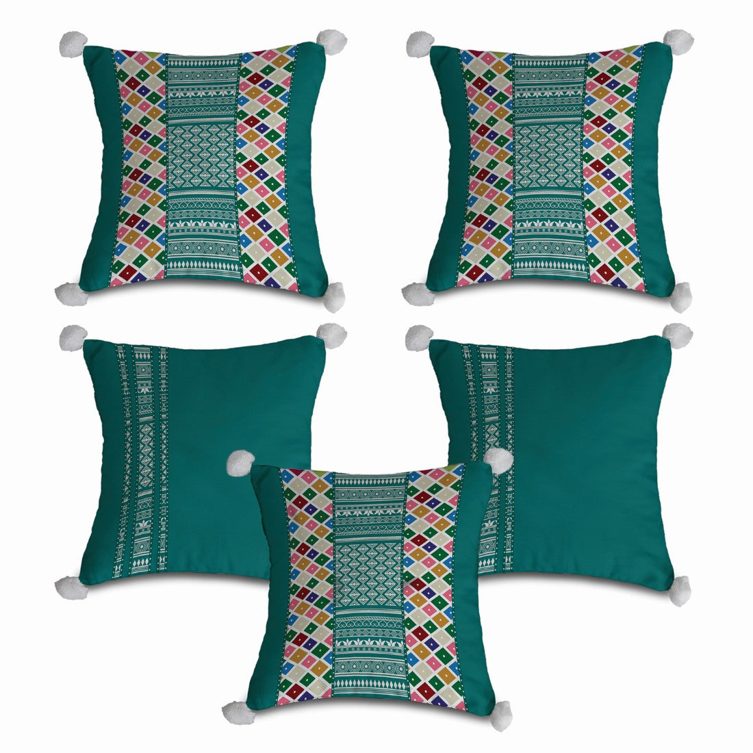 Blue Abstract Printed Decorative Cushion Cover Set with Pom-Pom