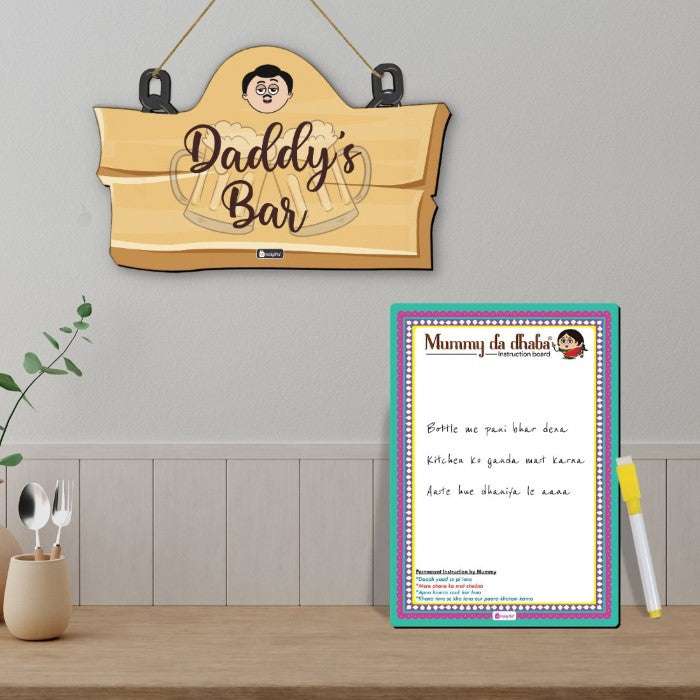 Daddy's Bar Printed Wall Hanging and Mummy Da Dhaba Printed Instruction Board For Mom & Dad