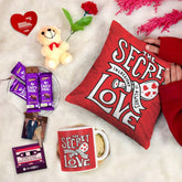 Red Secret Love Gift Set: Cushion, Coffee Mug, Teddy with Card, Rose, Photo Clip, and Cadbury Dairy Milk Chocolate Pack of 4"