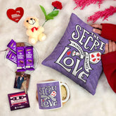 Purple Secret Love Gift Set: Cushion, Coffee Mug, Teddy with Card, Rose, Photo Clip, and Cadbury Dairy Milk Chocolate Pack of 4"