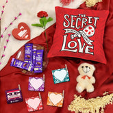 Secret Love Red Cushion Cover with Filler, Set of 5 Photo Clips and Card, Artificial Rose with Teddy, Dairy Milk Chocolate Pack of 4 Valentine Gift Set