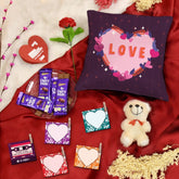 Floral Love Printed Cushion Cover with Filler, Set of 5 Photo Clips and Card, Artificial Rose with Teddy, Dairy Milk Chocolate Pack of 4 Valentine Gift Set