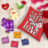 Secret Love Red Cotton Cushion Set with Love Quote Clips, Artificial Rose, Teddy, and Chocolate Pack - Valentine's Gift