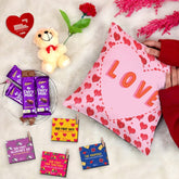 Floral Heart Printed Cotton Cushion Set with Love Quote Clips, Artificial Rose, Teddy, and Chocolate Pack - Valentine's Gift