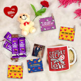 Secret Love Red Coffee Mug, Love-Quoted Photo Clips, Card, Teddy, Rose & Cadbury Dairy Milk Chocolates Pack of 4 - Valentine's Gift