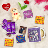 Secret Love Purple Coffee Mug, Love-Quoted Photo Clips, Card, Teddy, Rose & Cadbury Dairy Milk Chocolates Pack of 4 - Valentine's Gift