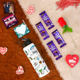 Valentine Day Gift Set with Travel Doodle Art Printed Sipper Water Bottle (750ml), Set of 2 Clip Magnets, Red Rose, Greeting Card, and 4 Dairy Milk Chocolates