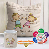 Rakshabandhan Gift For Brother Copper rakhi, Customized Cushion with Filler, Customized Ceremic Mug, Rakhi for Brother and Bhabhi, Gift for Brother