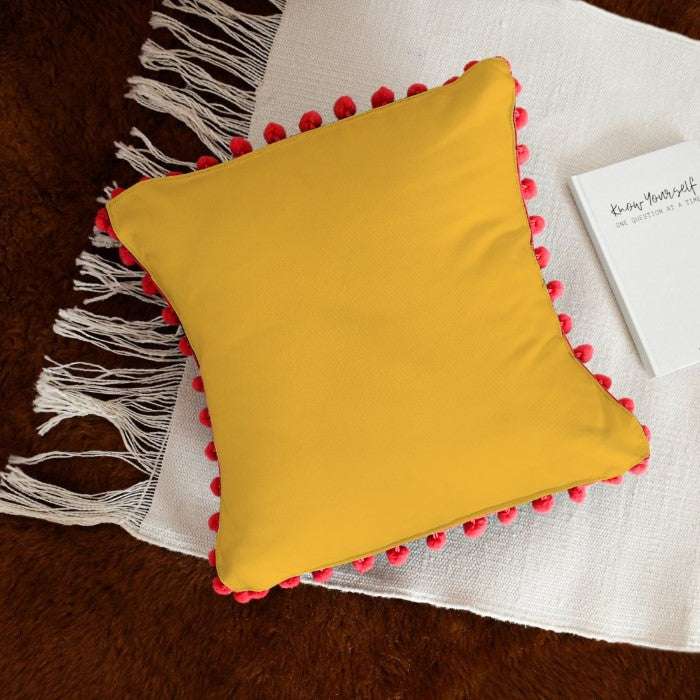 Pink & Yellow Abstract Printed Decorative Cushion Cover Set with Pom-Pom