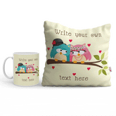 Personalised Text Pillow Cover, Fillers & Mug Set With Cute Bird Design For Valentine's Gift