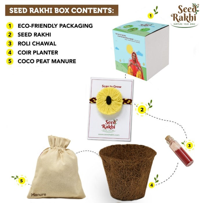 Yellow Seed Rakhi with Planter Gift Hamper (Seed: Turai)