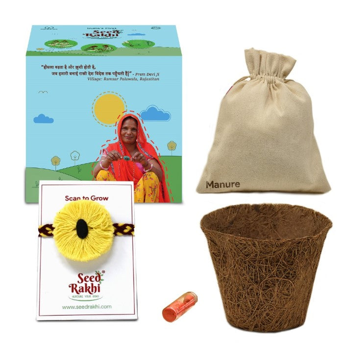 Yellow Seed Rakhi with Planter Gift Hamper (Seed: Turai)
