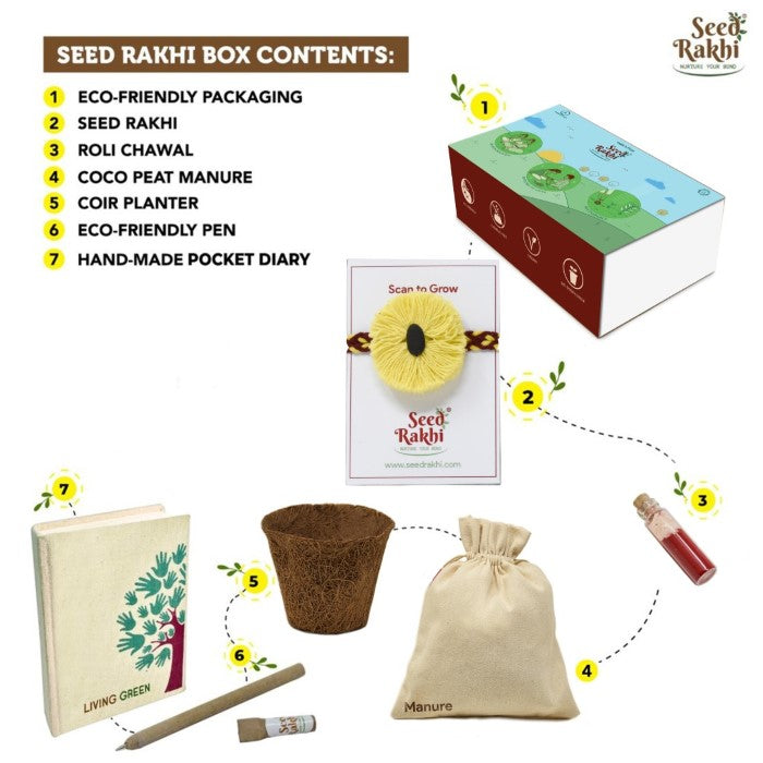 Yellow Organic Seed Rakhi with Planter and Diary