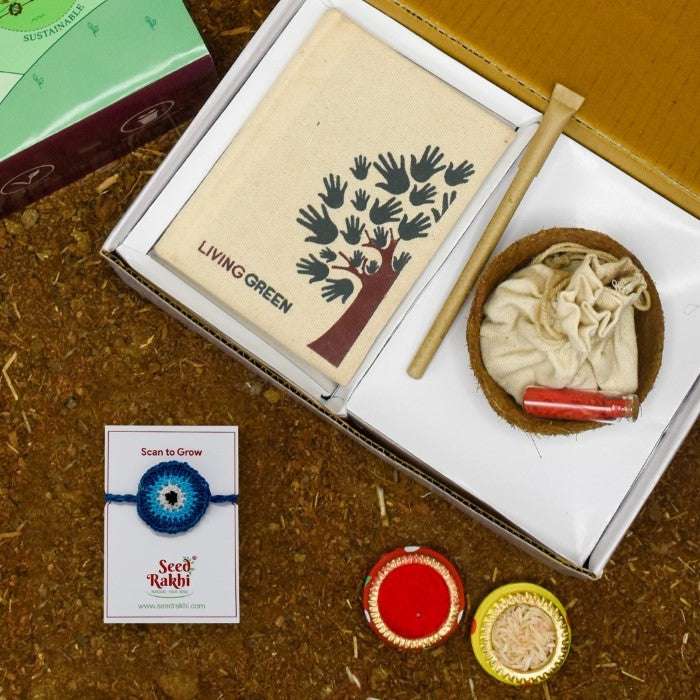 Neel Nazar Battu Seed Rakhi, Planter and Notepad Gift Hamper