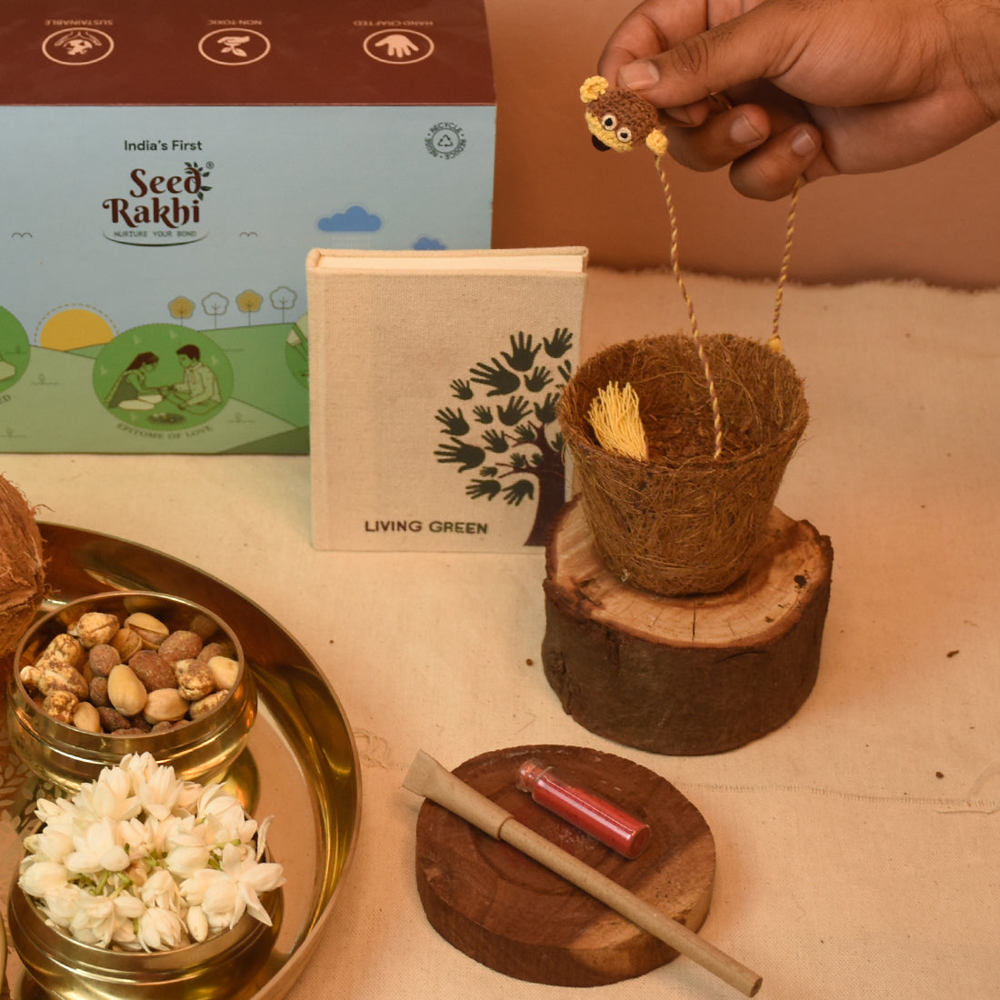 Plantable Monkey Rakhi For Brother With Planter, Diary & Pen (Brown)