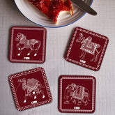 Wooden Tea Coasters Set of 4 - Animal Print Indian Ethnic Designer Decorative Dinning Table Coasters | Printed Coasters Set | Kitchen and Table Decor Coasters