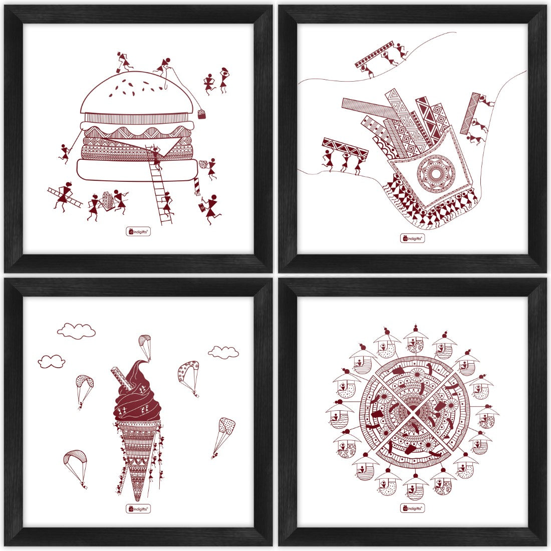 Travel Themed Ethnic Design Mandala Animal Printed Set of 4 Poster Frames
