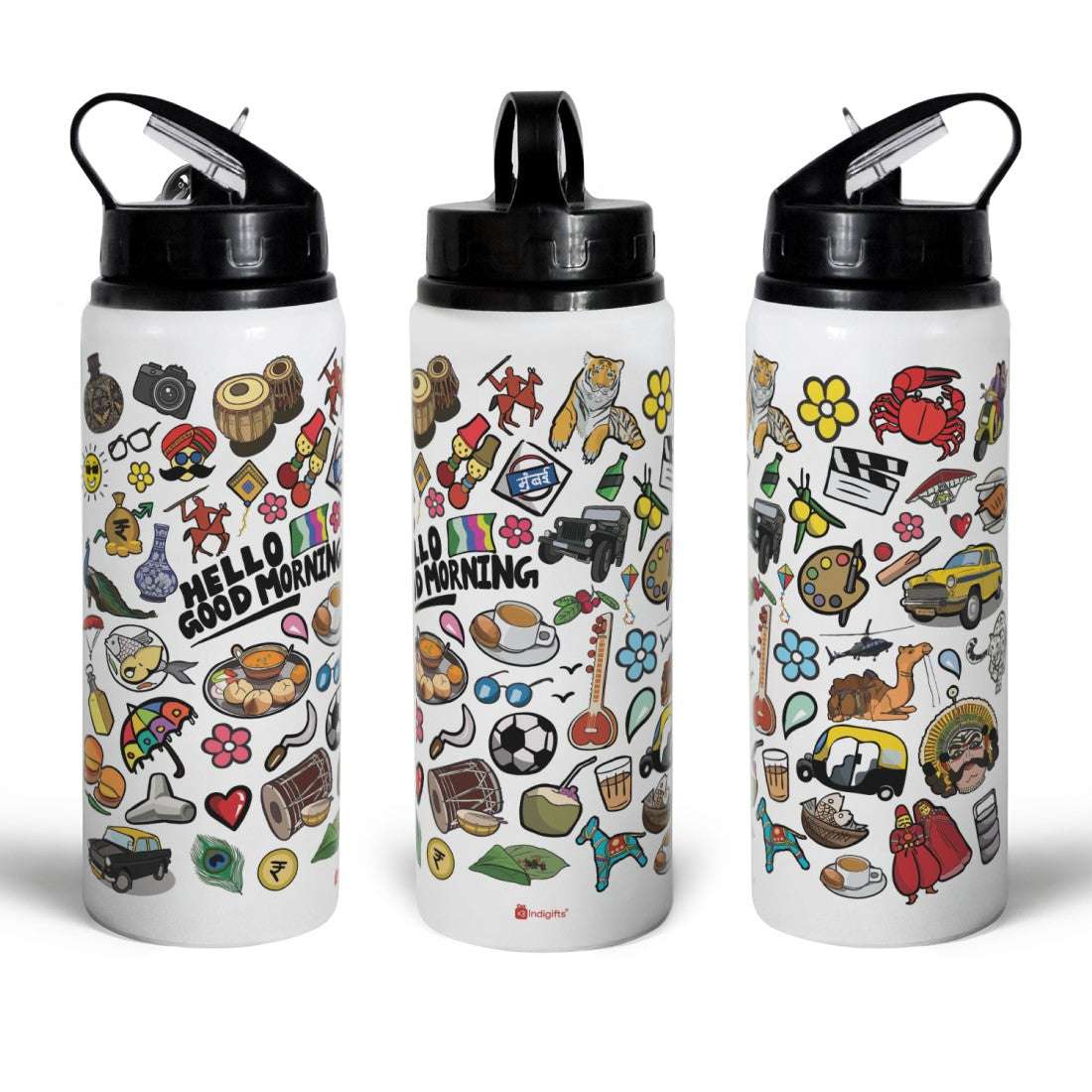 Good Morning - Doodle Print Aluminium Sipper Water Bottle - Discovering India