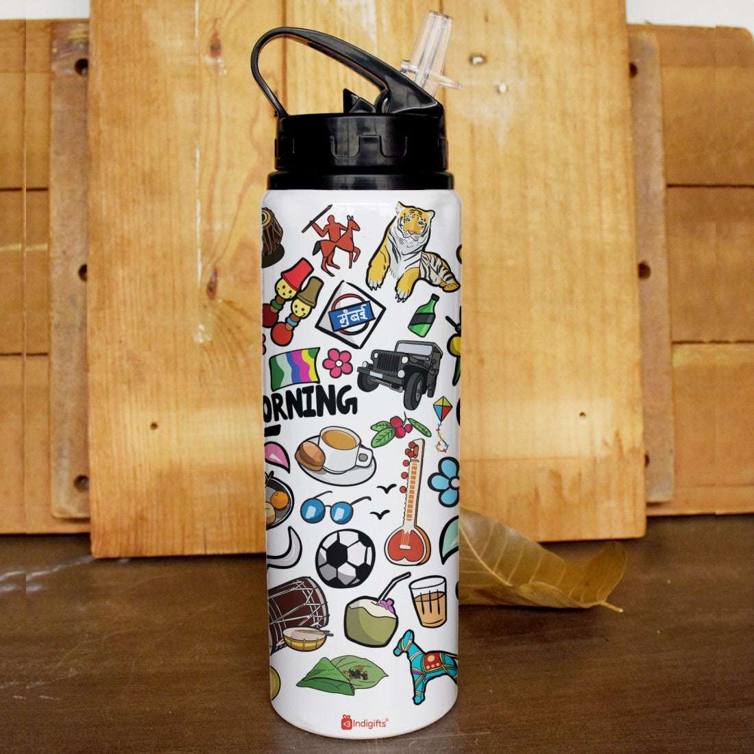 Good Morning - Doodle Print Aluminium Sipper Water Bottle - Discovering India