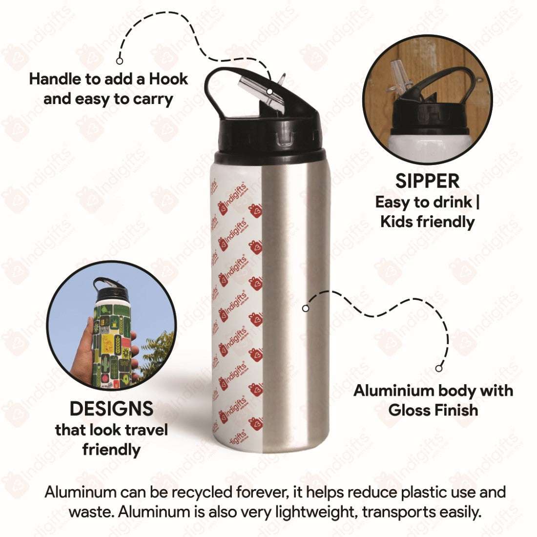 India Doodle Print Aluminium Sipper Water Bottle - Discovering India
