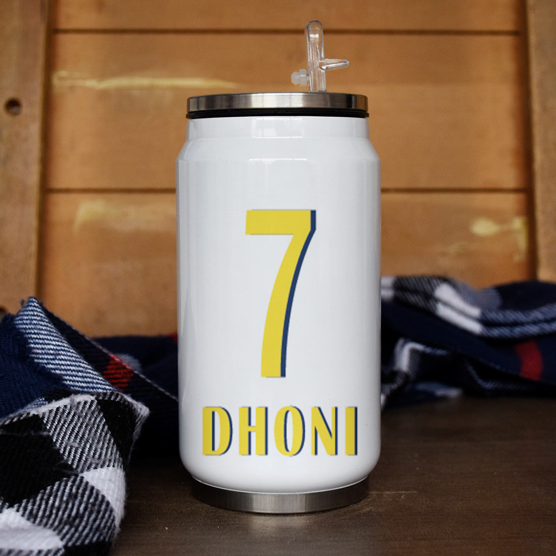 Dhoni Printed Insulated Steel Sipper Can With Lid And Straw - 350 ML