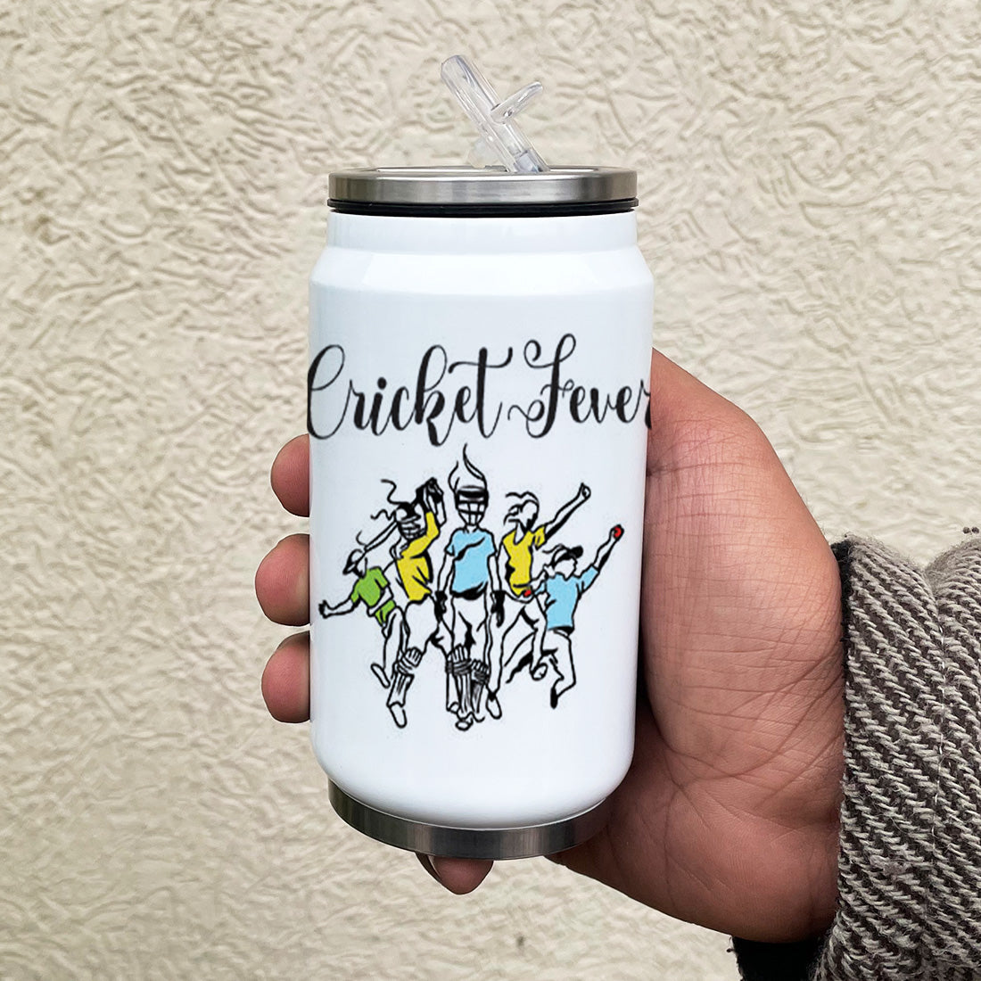 Cricket Fever Printed Sipper Can With Lid And Straw - 350 ML