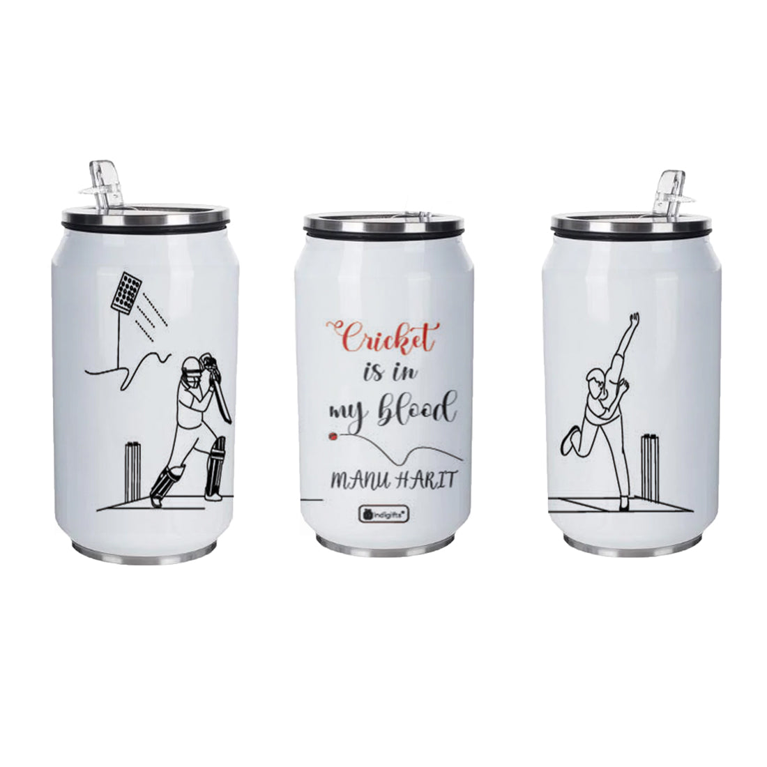 Cricket In Blood Personalised Sipper Can With Lid And Straw - 350 ML