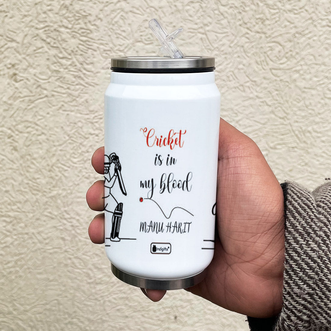 Cricket In Blood Personalised Sipper Can With Lid And Straw - 350 ML